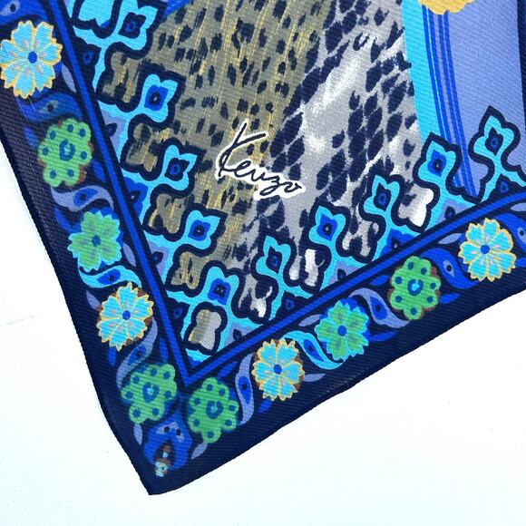 Kenzo Geometric Floral Print Silk Square Scarf Blue Headscarf Wall Art Shawl - Picture 3 of 6
